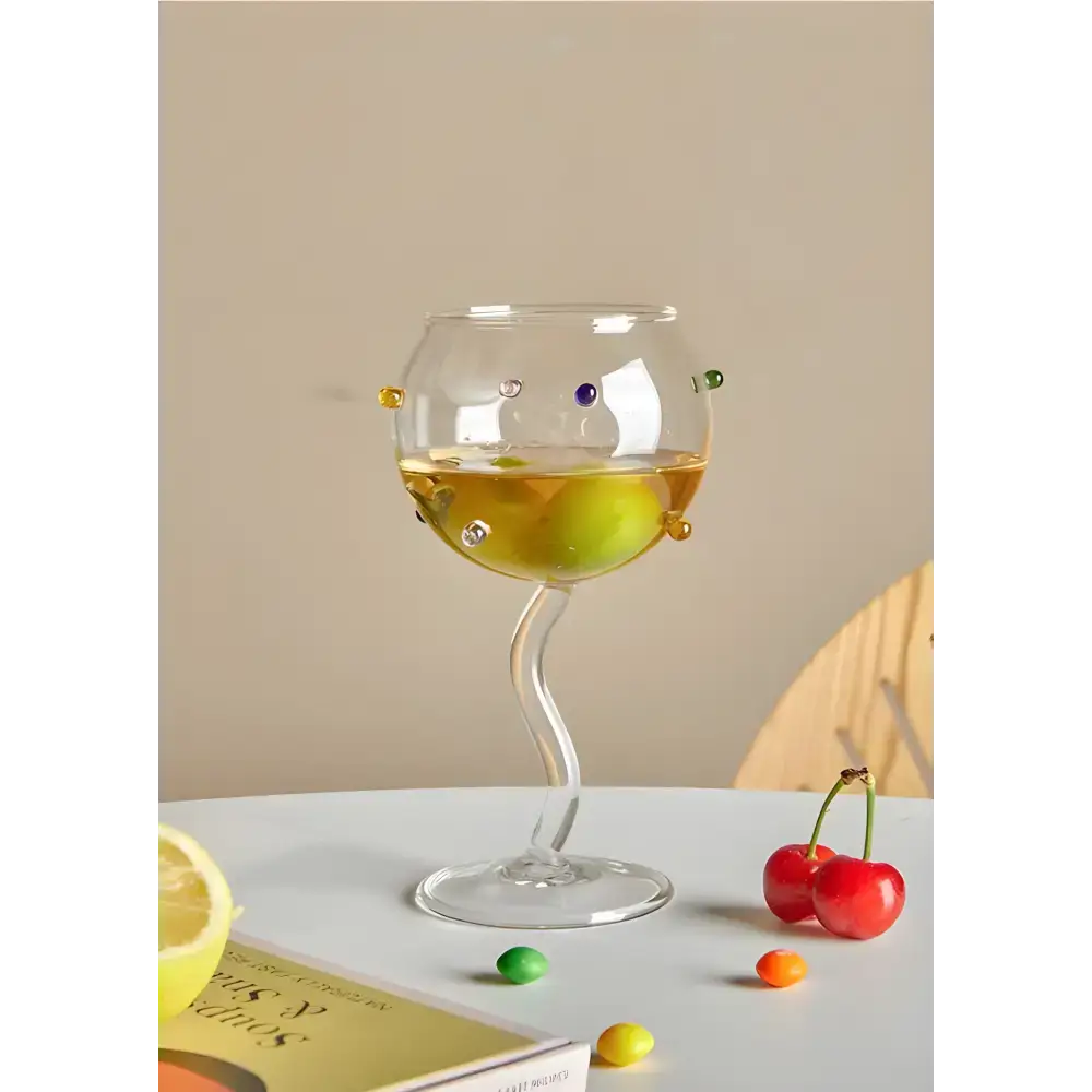 Whimsical Hand Blown Rainbow Sprinkles Wine Glass with colorful beads for fun drinks