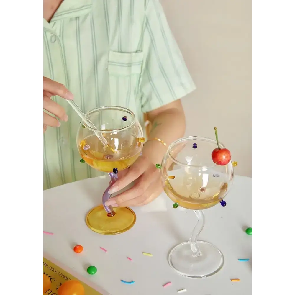 Whimsical beaded stemware with colorful designs in Hand Blown Rainbow Sprinkles Wine Glasses