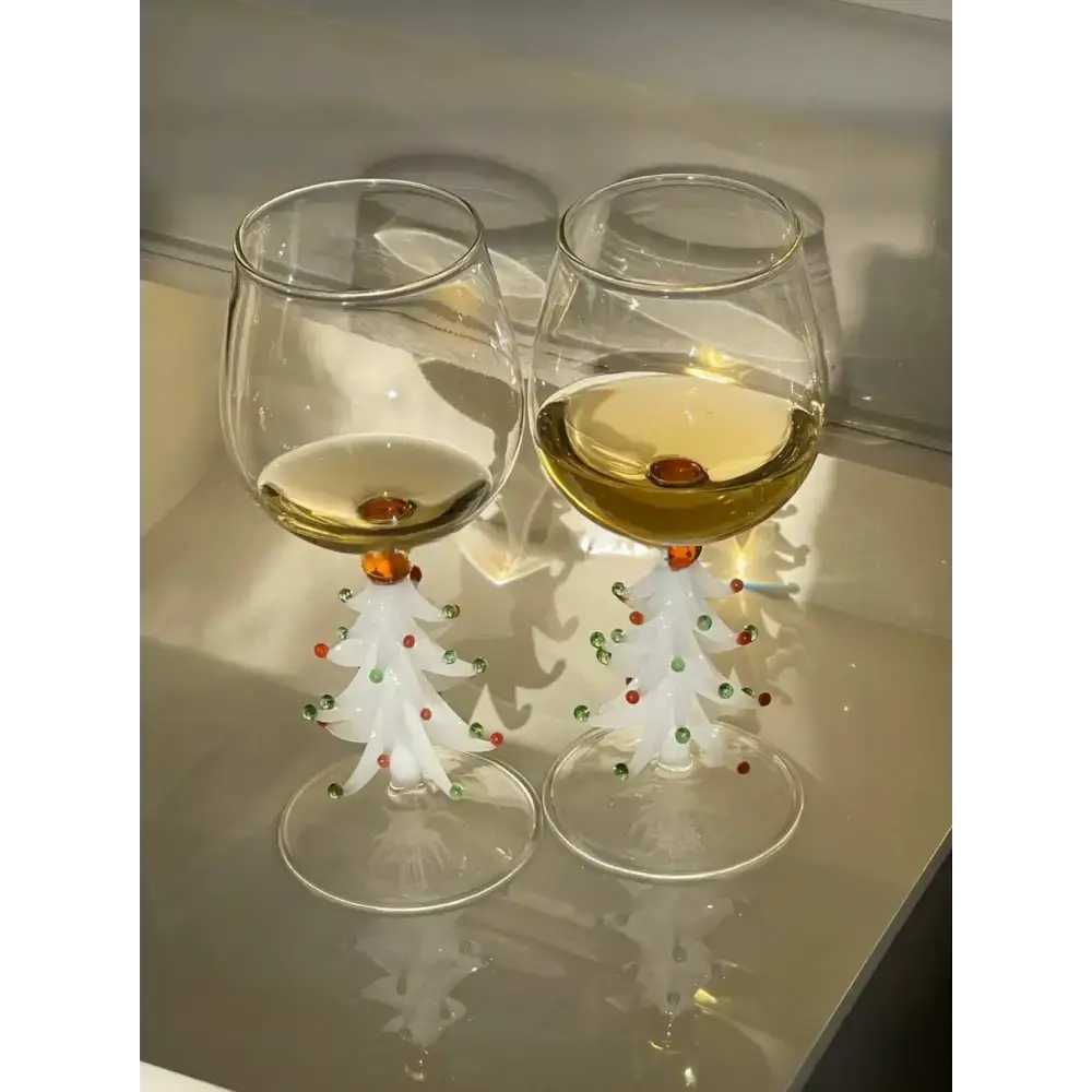 Unique Handblown Christmas Tree Wine Glasses perfect for festive celebrations