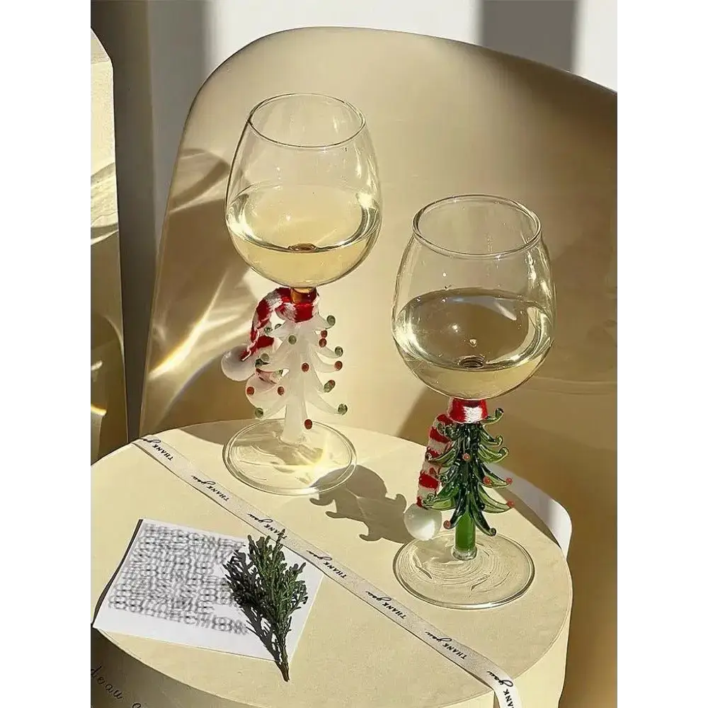 Handblown Christmas Tree Wine Glasses perfect for festive celebrations and holiday cheer