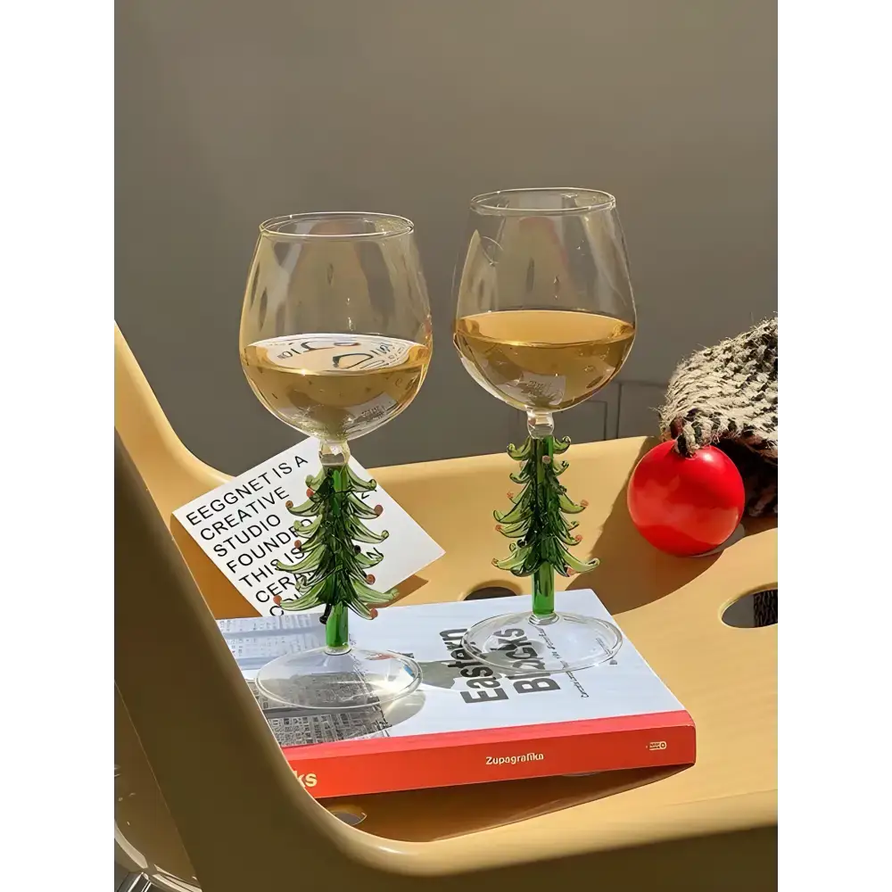 Handblown Christmas Tree wine glasses with festive tree stems for holiday cheer