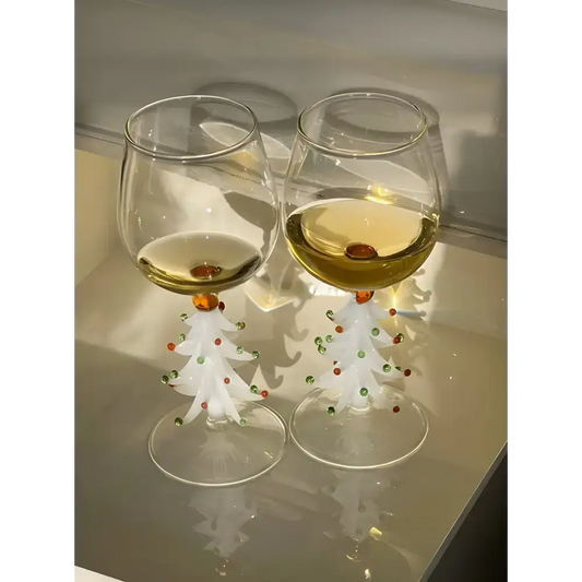 Handblown Christmas Tree Wine Glasses perfect for festive holiday celebrations