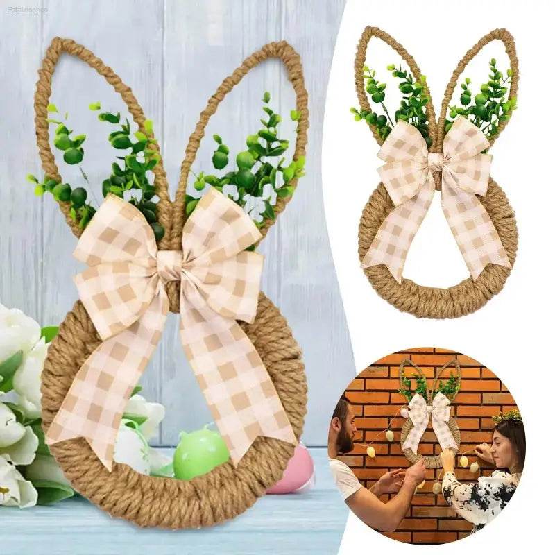 Handicrafts Spring Bunny Wreath For Spring And Easter Front Door Wall Window Decor Decorated With Bow And Green Advent Wreath - Estalios
