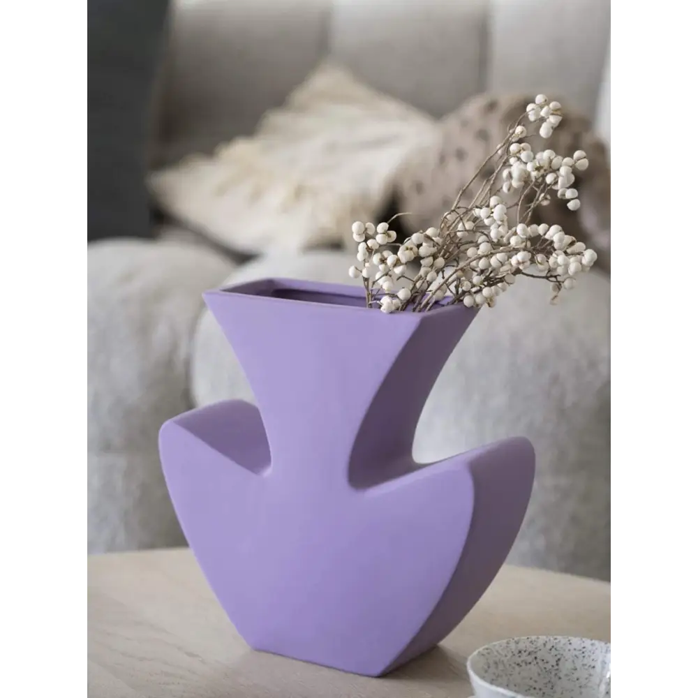 Handmade Memphis Funky Lavender Ceramic Vase with dried white berries for chic decor