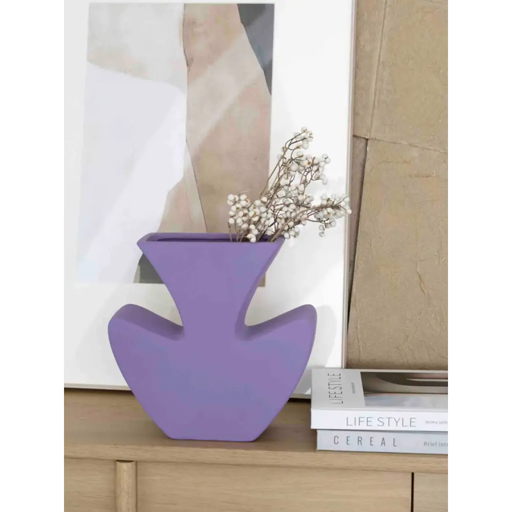 Purple vase with dried flowers in Handmade Memphis Funky Lavender Ceramic design