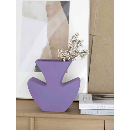 Purple vase with dried flowers in Handmade Memphis Funky Lavender Ceramic design