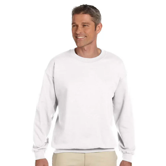 White heavyweight fleece sweatshirt featuring a comfy crewneck pullover design with dropped shoulders