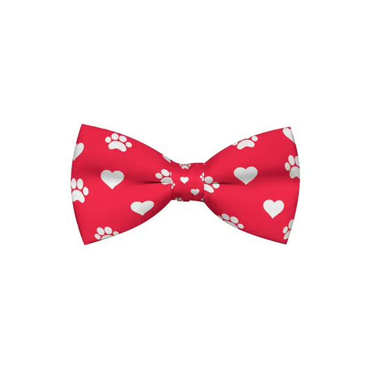 Hearts Red Dog Bow Tie with white hearts and paw prints for Valentine’s Day