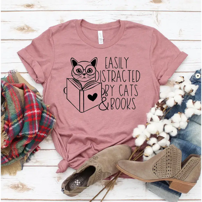 Heather Raspberry T-shirt featuring a cute cat and book graphic design