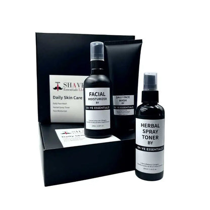 Black skincare product set featuring Herbal Spray Toner in a sleek black bottle