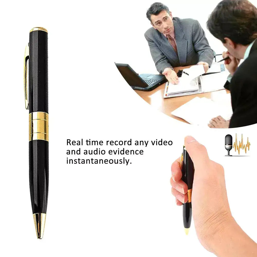 Black and gold spy pen used as a Hidden Pocket Audio Pen Camera Cam for discreet recording