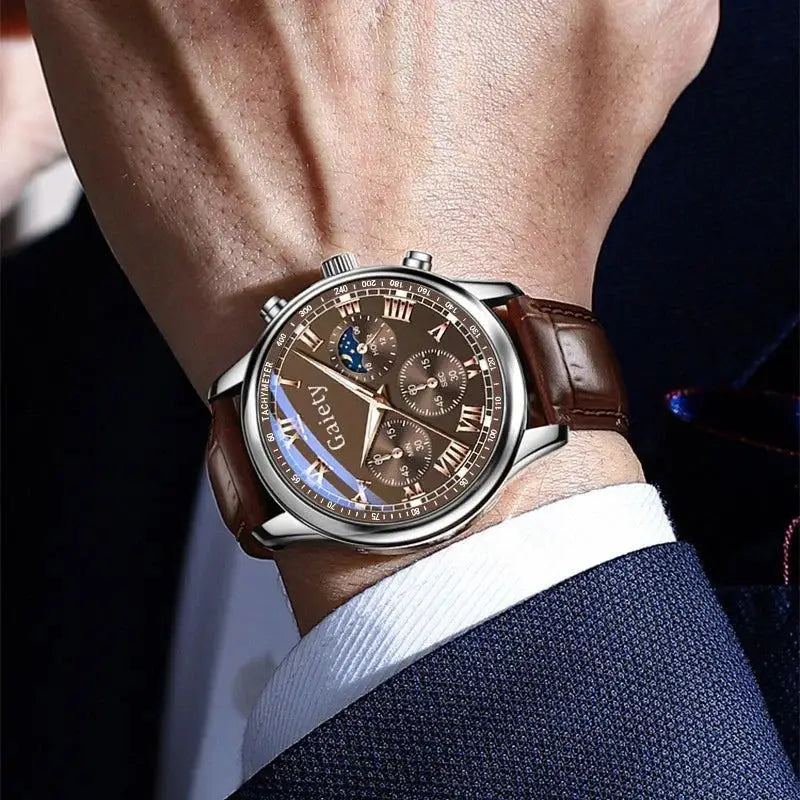 High Quality Brown Leather Quartz Watch with a stylish chronograph design