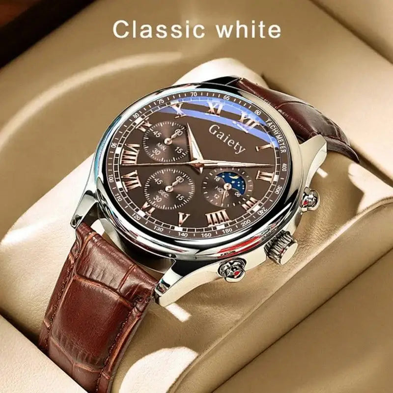 Men’s brown leather quartz watch from Gaiety High Quality for luxury belt fashion lovers