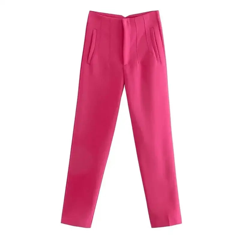 High Waist Traf Fashion Office Pants - Fuchsia / L