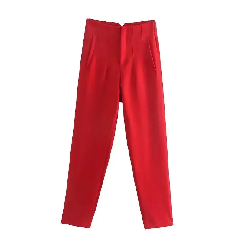 High Waist Traf Fashion Office Pants - Red / M