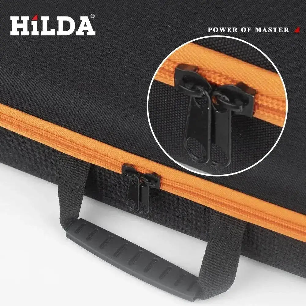 Black tool bag with orange trim, perfect for Hilda Large Capacity Shock-Absorbing Tool Bag