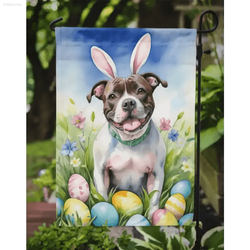 Hop Into Easter with this Adorable Dog Garden Flag! Brighten Up your Easter with this Charming Easter Dog Garden Flag! Featuring a Cheerful Dog Sporting Bunny Ears - Estalios