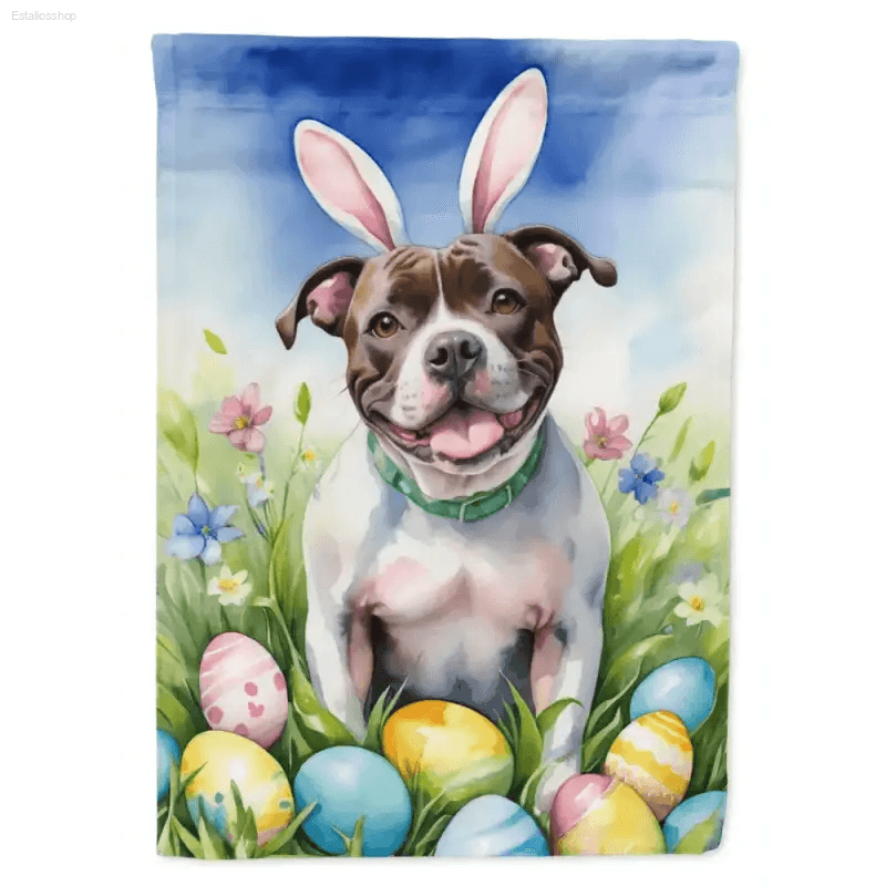 Hop Into Easter with this Adorable Dog Garden Flag! Brighten Up your Easter with this Charming Easter Dog Garden Flag! Featuring a Cheerful Dog Sporting Bunny Ears - Estalios