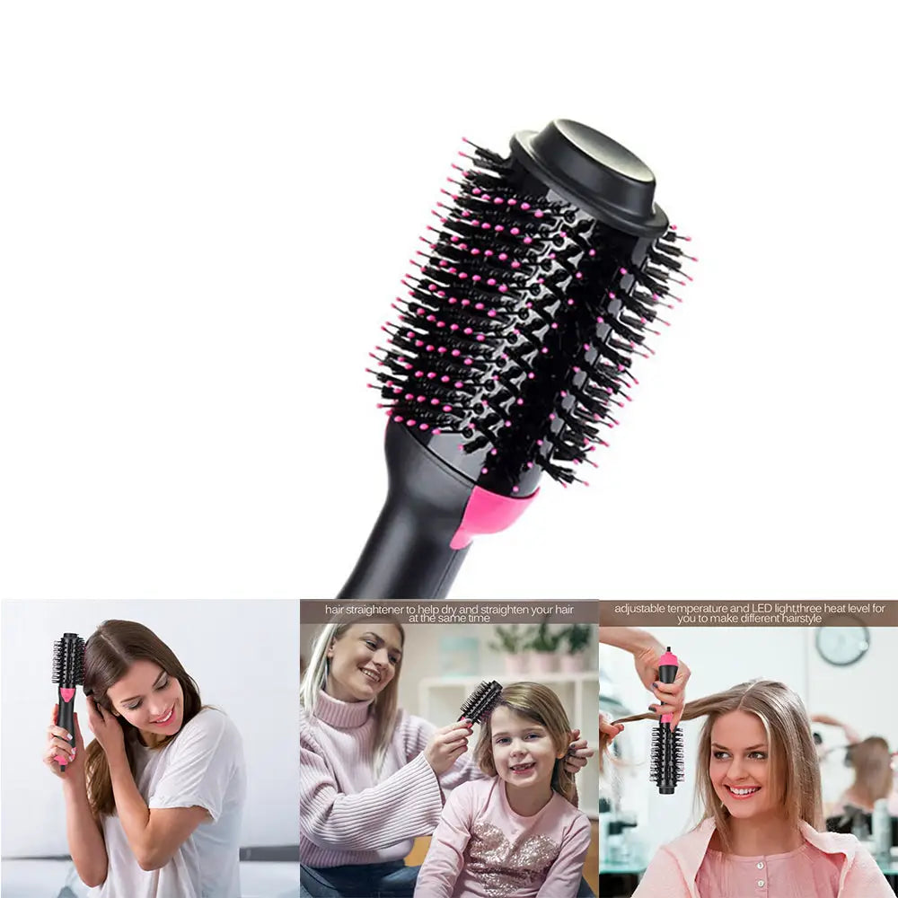 Black and pink hot air brush for styling and straightening with ease. Perfect hot hair brush!