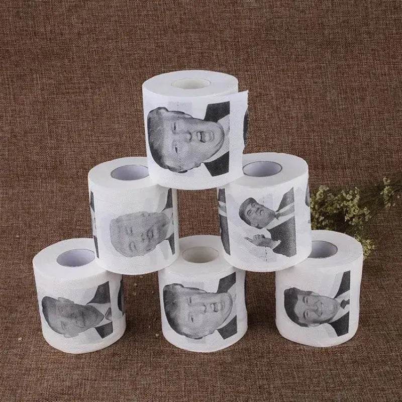 Toilet paper rolls with Donald Trump’s face.