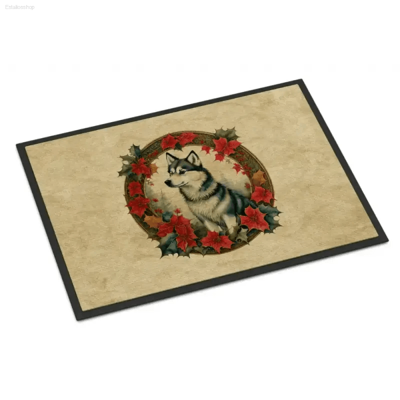 Husky Holiday Welcome: Floral Wreath Doormat! Get Ready to Welcome Guests with our Husky-themed Doormat, Featuring a Beautiful Floral Wreath - Estalios
