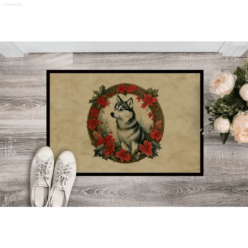 Husky Holiday Welcome: Floral Wreath Doormat! Get Ready to Welcome Guests with our Husky-themed Doormat, Featuring a Beautiful Floral Wreath - Estalios