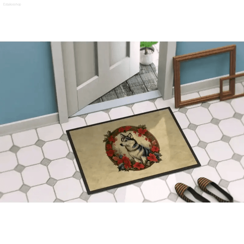 Husky Holiday Welcome: Floral Wreath Doormat! Get Ready to Welcome Guests with our Husky-themed Doormat, Featuring a Beautiful Floral Wreath - Estalios