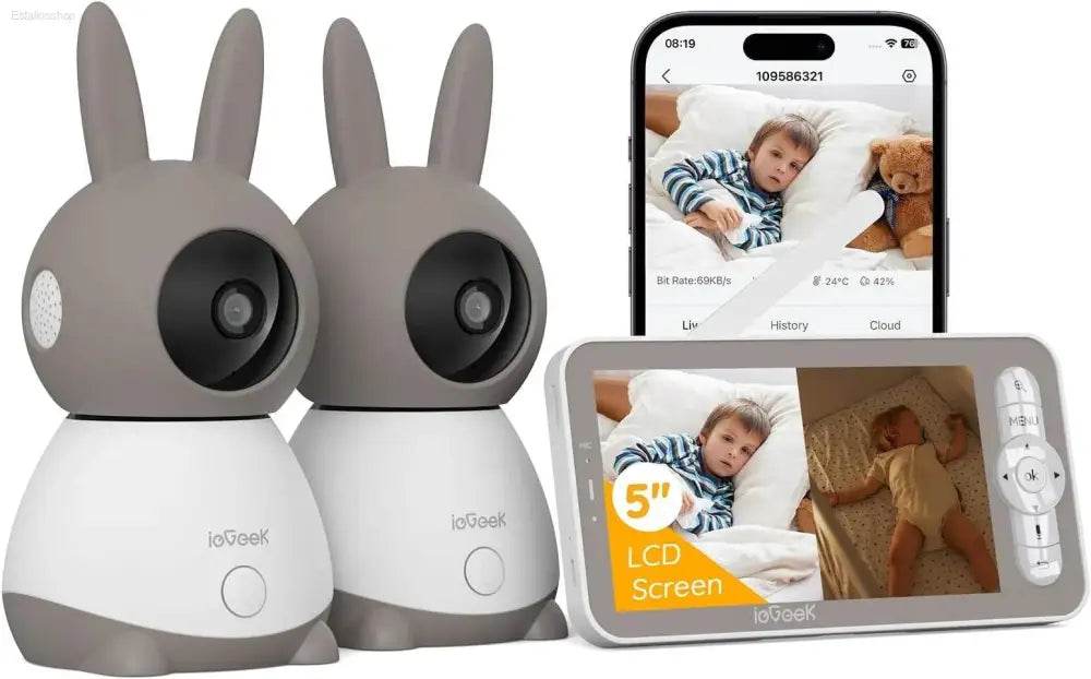 ieGeek 5 Inch Baby Monitor with 2 Cameras 2K/3MP, PTZ 355°, IR Night Vision, Automatic Tracking, Crying/Motion/Noise Detection - Estalios