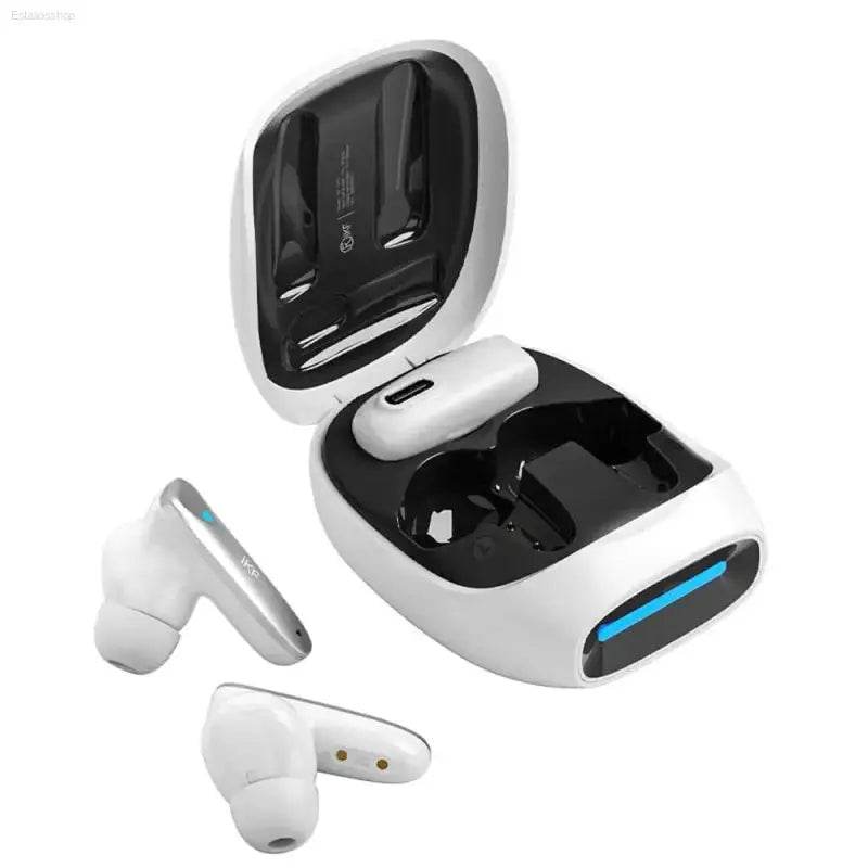 White wireless earbuds with charging case.