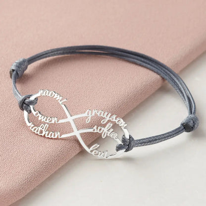 Silver infinity bracelet featuring personalized names, perfect mom jewelry gift