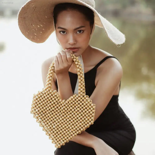 ❤️ Inspired Design – Heart Shaped Wood-Beaded Tote Bag | Perfect for Embracing Your Unique Style - Natural / Wood