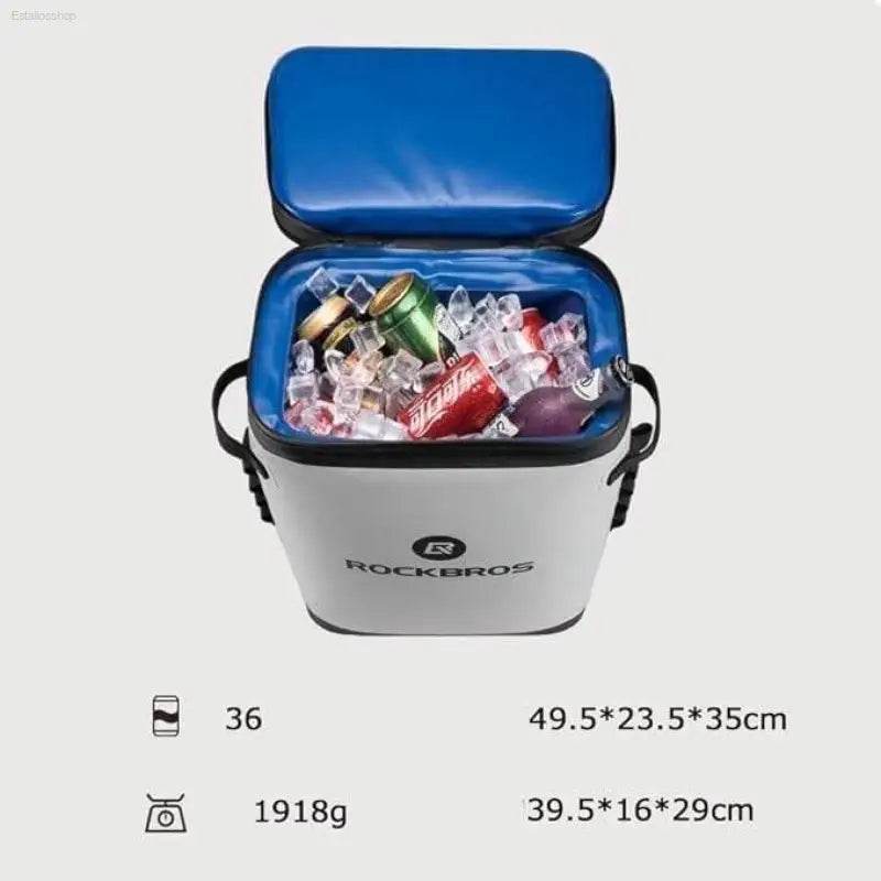 Open cooler filled with ice and cans.