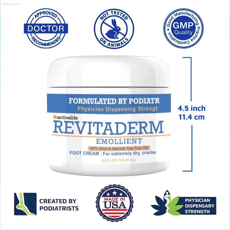 Activelife Revitaderm 4D Urea Foot Cream - Intensive Moisturizer for Dry, Cracked Skin on Feet, Hands, Elbows & Knees, Plus Free Pumice Stone - 4Oz Ultra Repair Formula with Callus Remover - Estalios