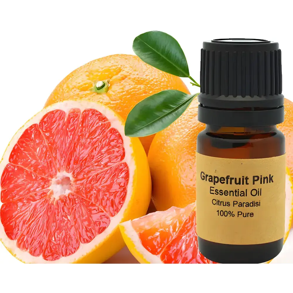 Grapefruit essential oil in a brown bottle from Invigorating Grapefruit Pink Citrus Racemosa