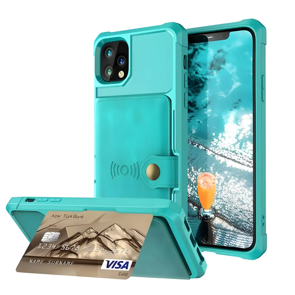 Teal iPhone 13 Pro Max Wallet Case with card holder, perfect for on-the-go convenience