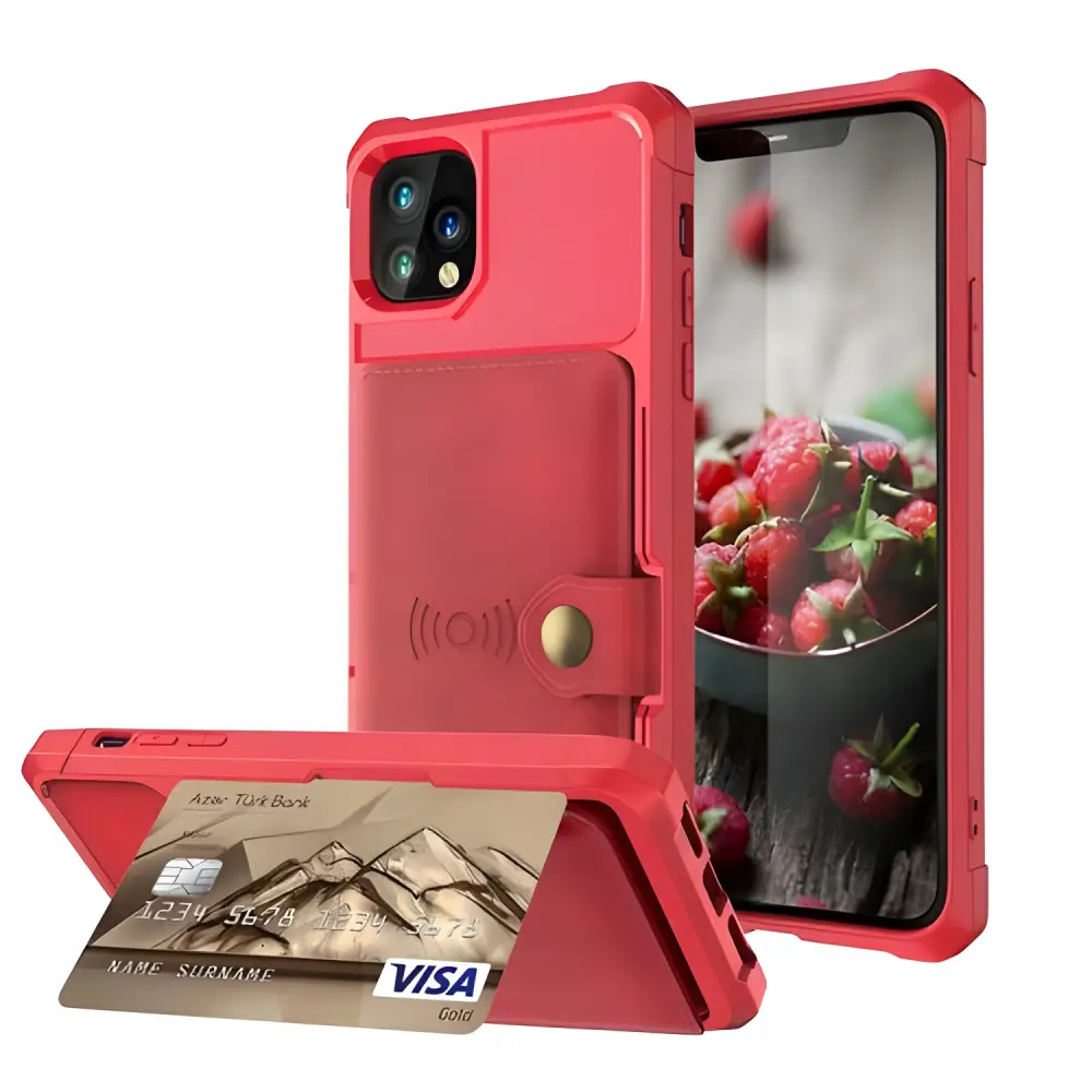 Red iPhone 13 Pro Max Wallet Case with card holder, perfect for style and convenience