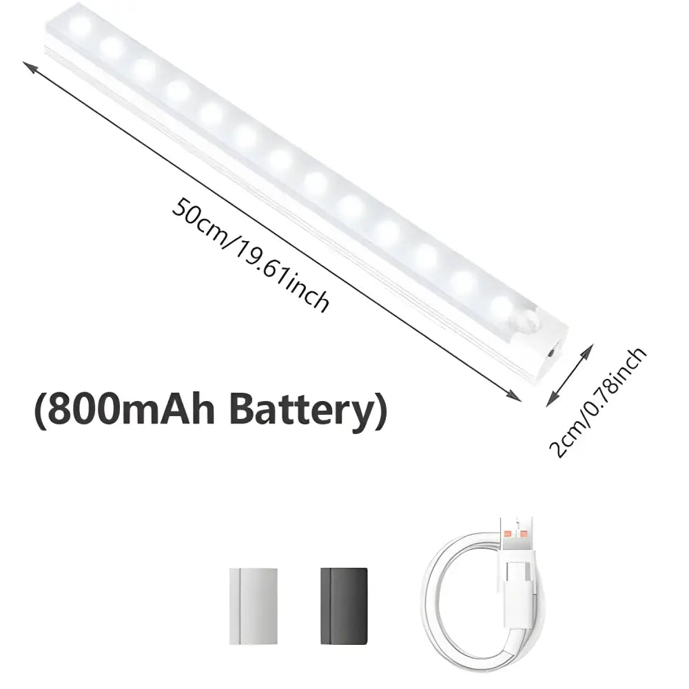 Iralan Sensor LED Cabinet Lights with LED light bar, charging cable, and dimensions