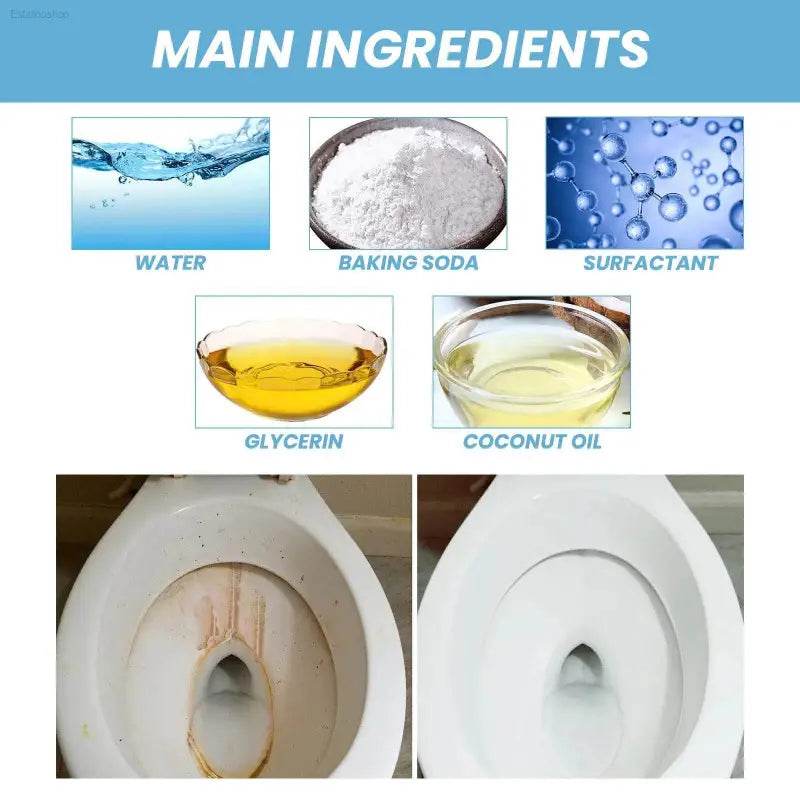 Toilet bowl cleaner ingredients and before-and-after cleaning results.