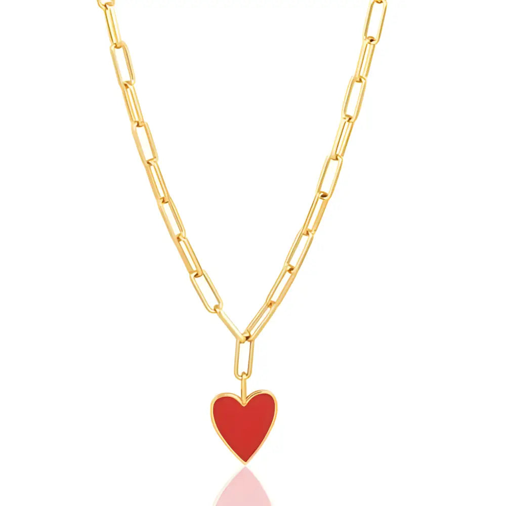 Gold Plated Link Necklace featuring Jamie Enamel Heart Pendant in vibrant red