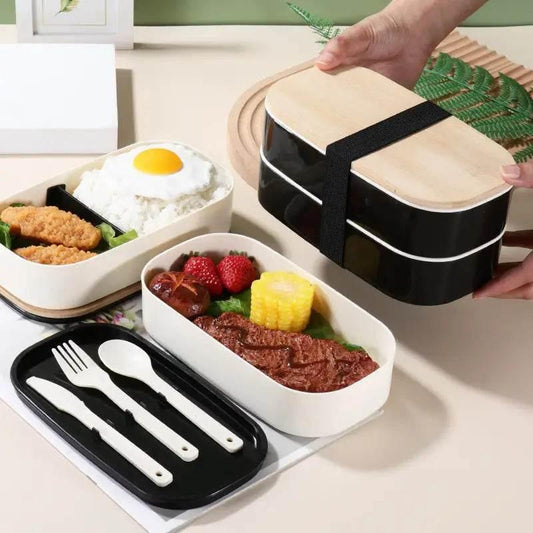 Japanese Style Bamboo Lid Sealed Bento Box with Tableware - Estalios