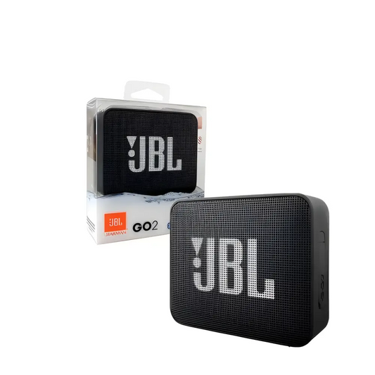 Black JBL Go 2 speaker, a portable IPX7 waterproof Bluetooth device for music on the go