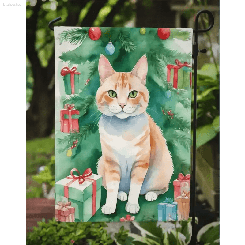 Jolly Ginger Cat Christmas Garden Flag! Watercolor Cat Christmas Flag: Deck your Yard with Feline Cheer! this Garden Flag Features a Charming Watercolor Painting of an Orange - Estalios