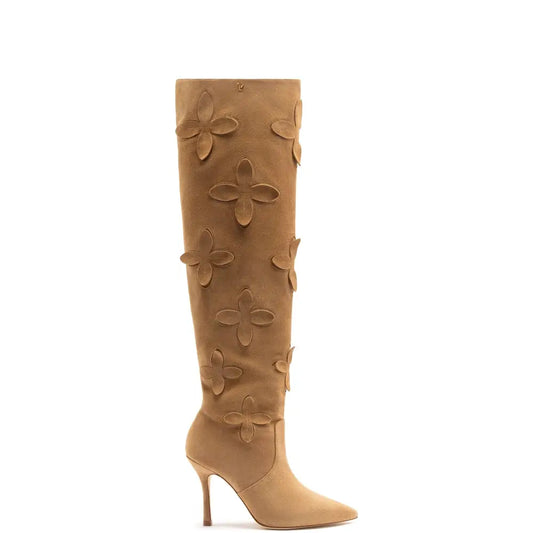 Beige Peanut Suede Julia Boot with floral embellishments for stylish deals