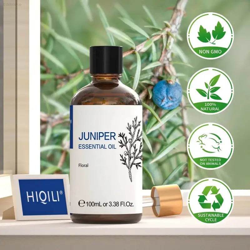 Juniper essential oil in a brown bottle.