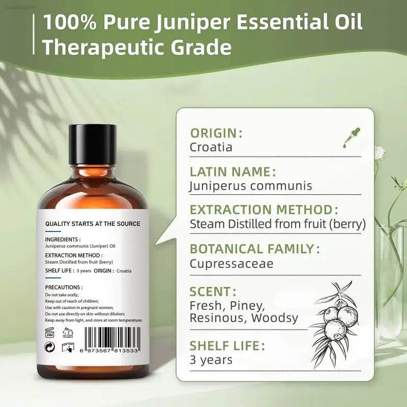 Juniper essential oil with product information.
