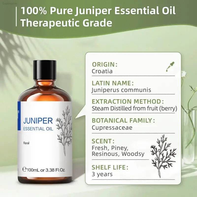 Juniper essential oil in a brown glass bottle.