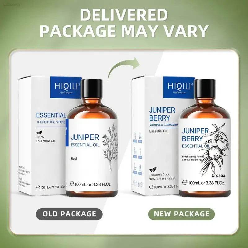 Juniper essential oil in old and new packaging.