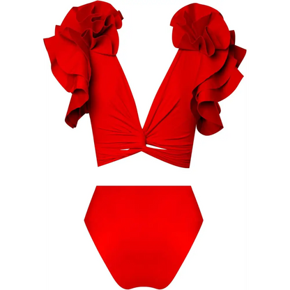 Red ruffled Sizzling Kai Two Piece Swimsuit for a stylish beach day