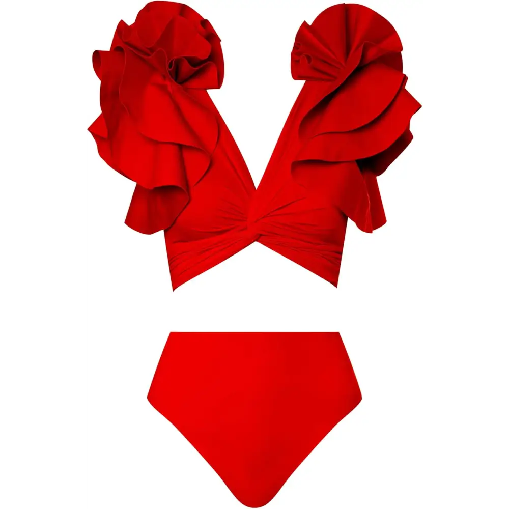 Red ruffled Kai Two Piece swimsuit from Sizzling Kai, perfect for summer beach vibes