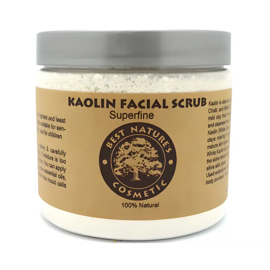 Kaolin facial scrub in a jar, perfect for sensitive skin with white cosmetic clay